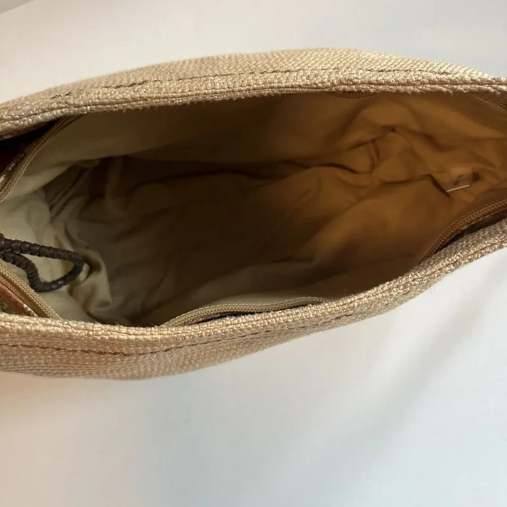 Fossil Straw Bag Genuine Classic Beige 3 Wood Beads Key Zippered Hobo Natural